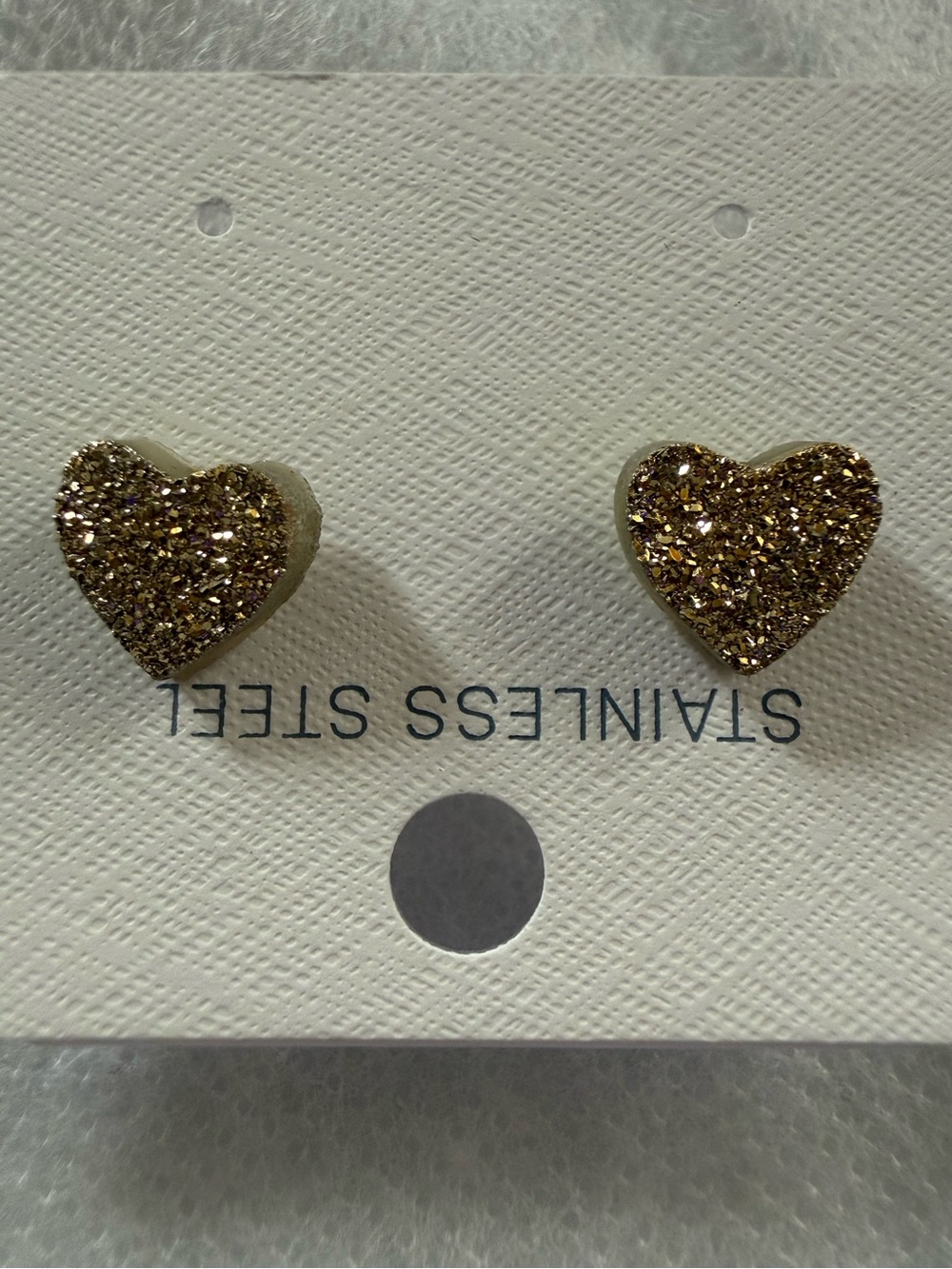 Gold Glitter Heart Stud Earrings - Stainless Steel